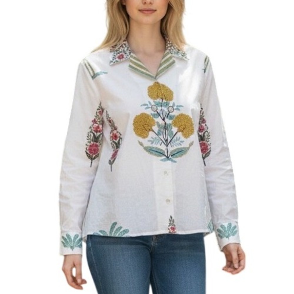 Jason Wu Edit White Cotton Floral Palm Tree Block Print Button Down Shirt Medium